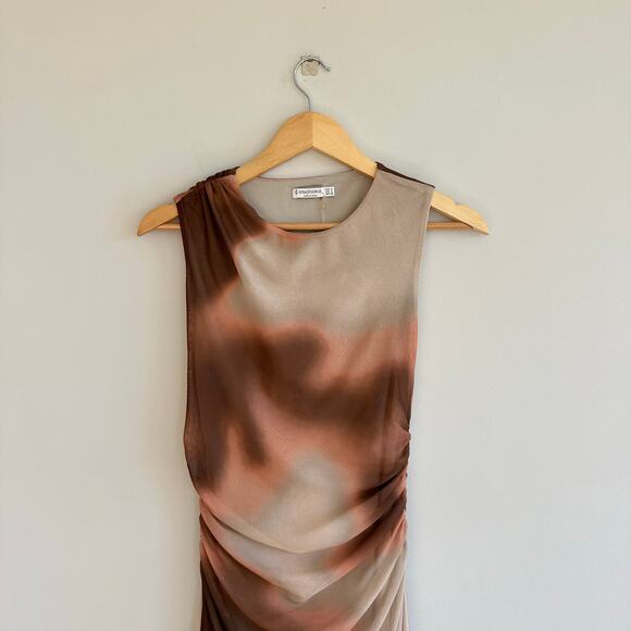 Stradivarius Mesh Marble Tie Dye Sleeveless Ruched Bodycon Maxi Dress Brown S - Picture 4 of 9